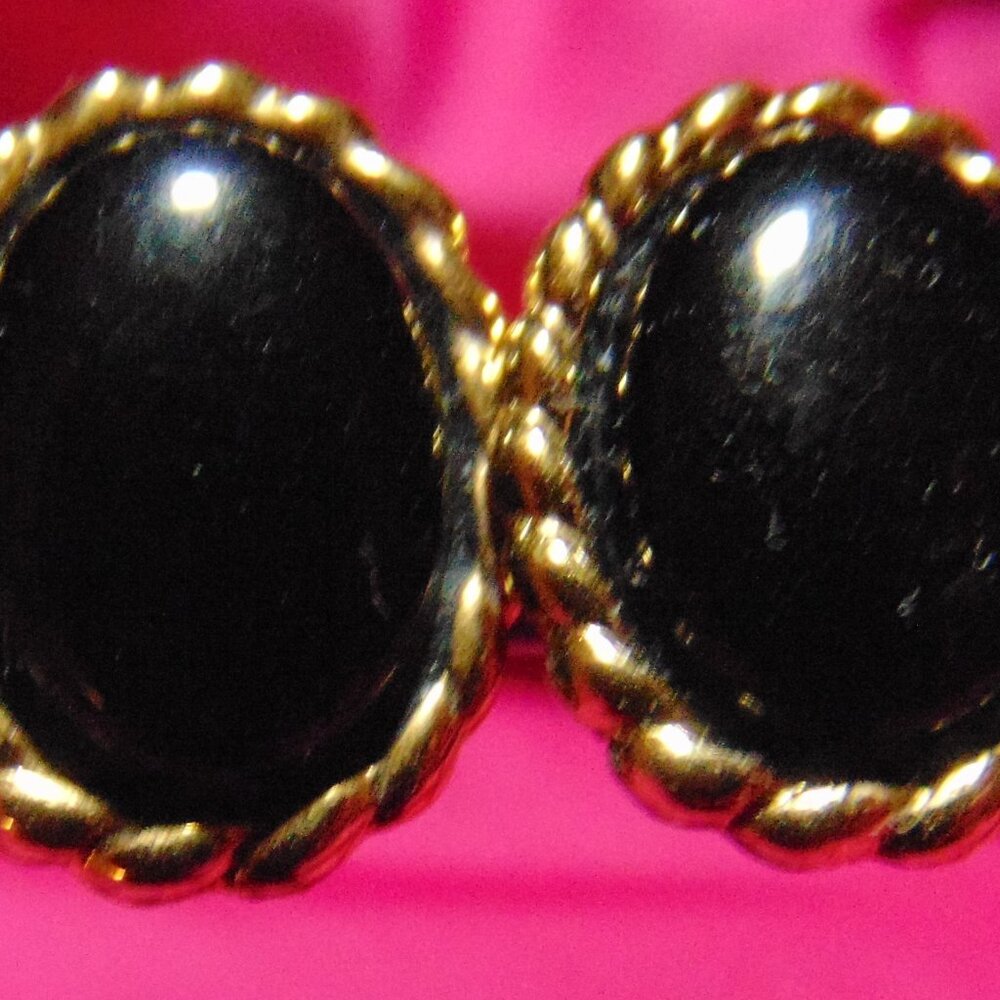 Clip Earrings, Vintage 1928 Black Onyx Stone with Gold Tone Trim Earrings